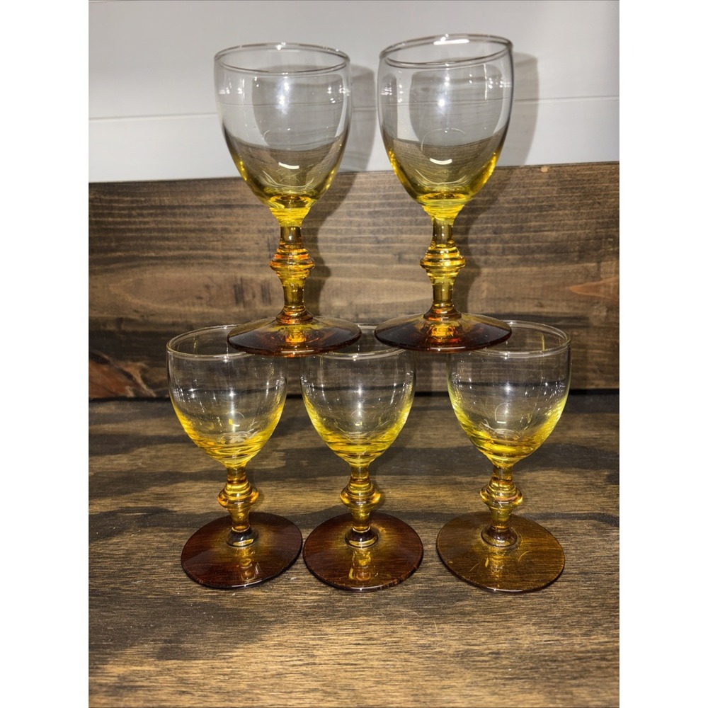 Set Of 5 Vintage  Libbey GEORGIAN FOREVER AMBER Golden Footed Cordial Glass 4.5"
